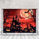 Lofaris Cartoon Castle Moon Red Sky Pumpkin Halloween Backdrop
